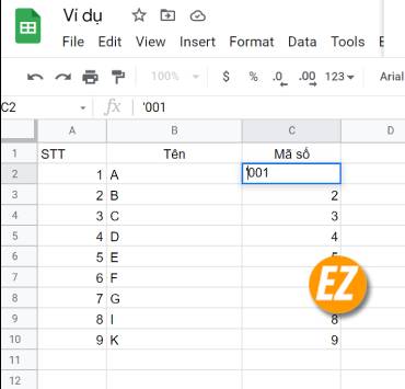 Nhập nhập số 0 vào google Sheet bảng tính