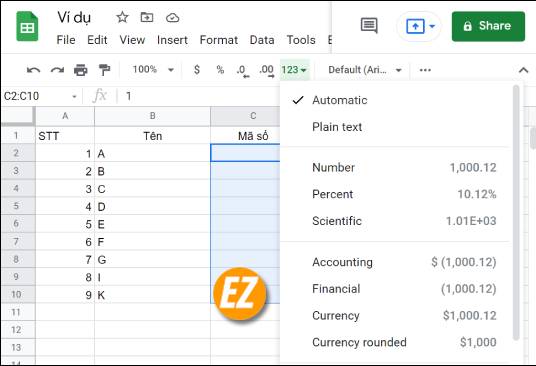 Nhập nhập số 0 vào google Sheet bảng tính