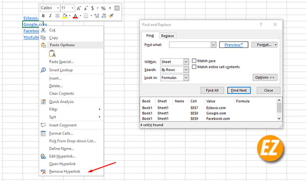 Cách xóa link trong Excel, xóa hyperlink tại các ô trong Excel