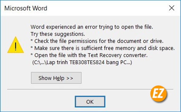 Sửa lỗi Word experienced an error trying to open the file