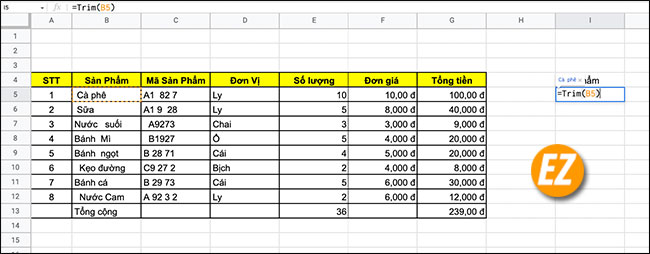 Hàm Trim trong Excel bỏ khoảng trắng thừa