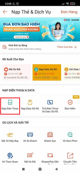 Cách nạp thẻ điện thoại giá rẻ trên Shopee