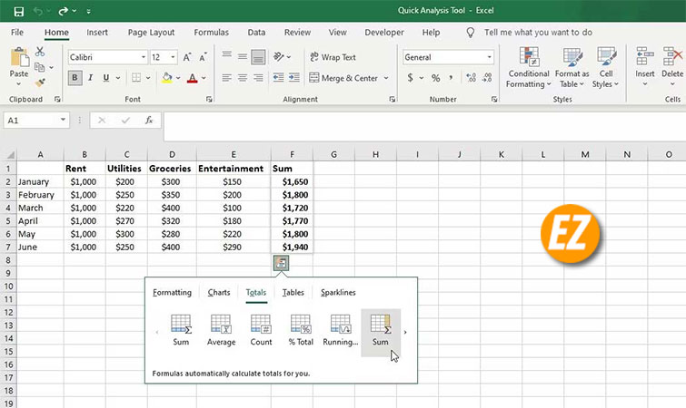 Quick Analysis trong Excel