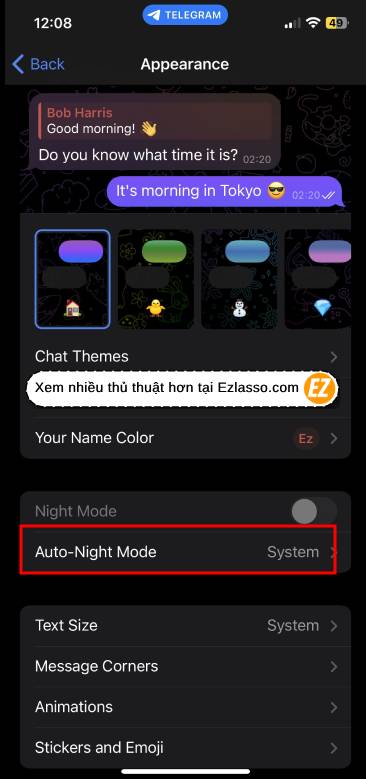 Bật Dark Mode telegram - bật chế độ ban đêm tự động