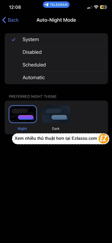 Bật Dark Mode telegram - bật chế độ ban đêm tự động